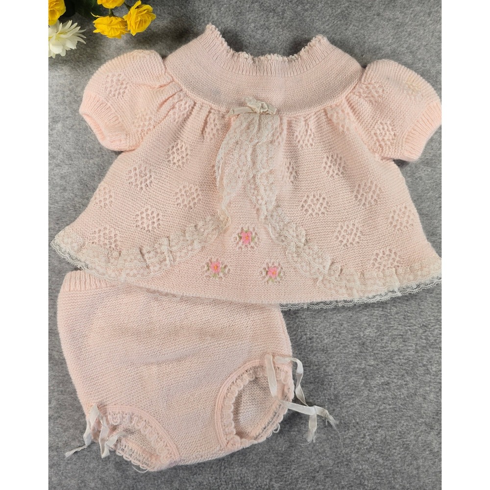 Vintage 80s Renzo's Baby Girl Pink Knit Set Lace Floral Made in Italy Coquette